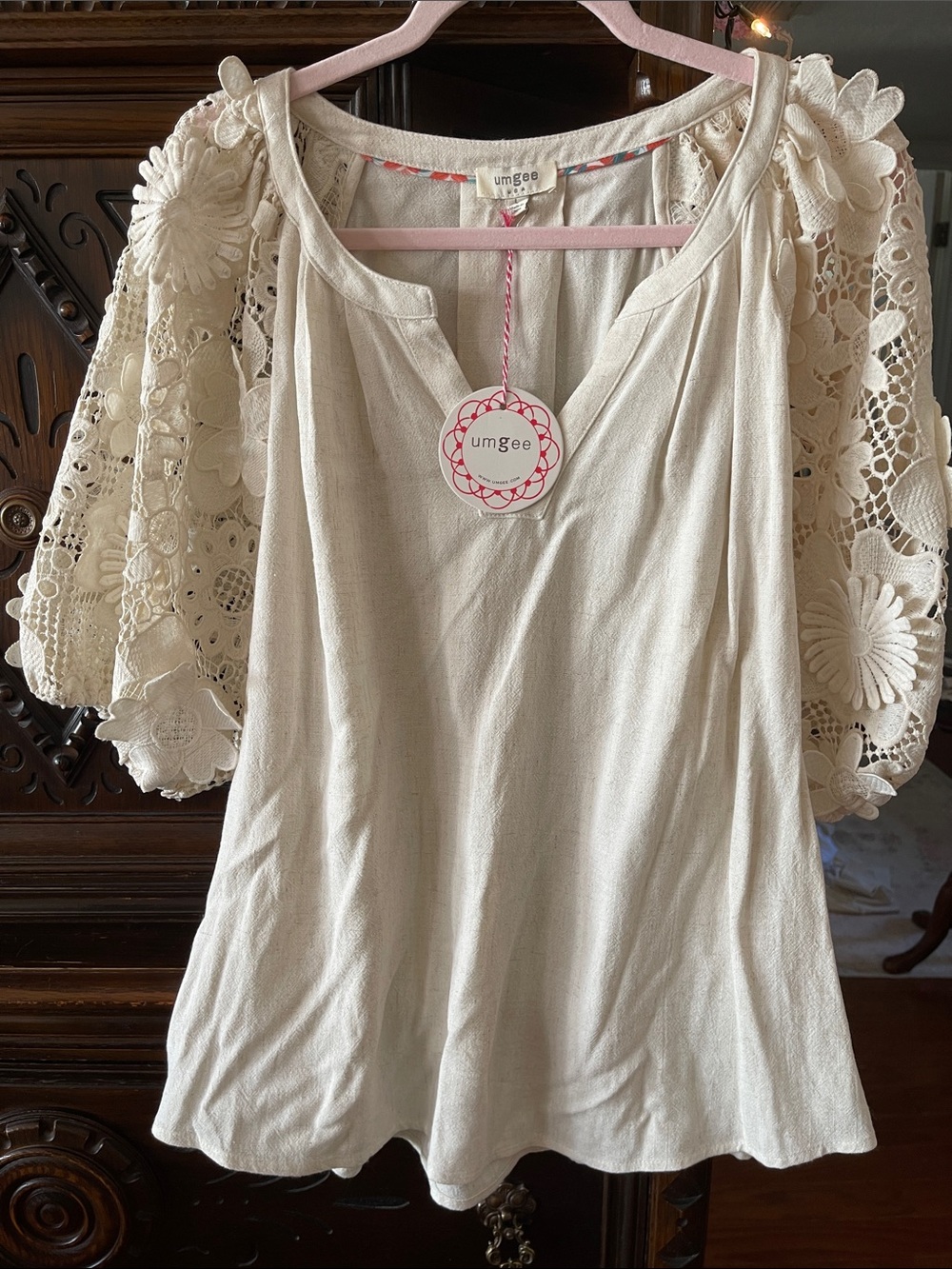 Umgee Cream Crochet Puff Sleeve Scoop Neck Blouse